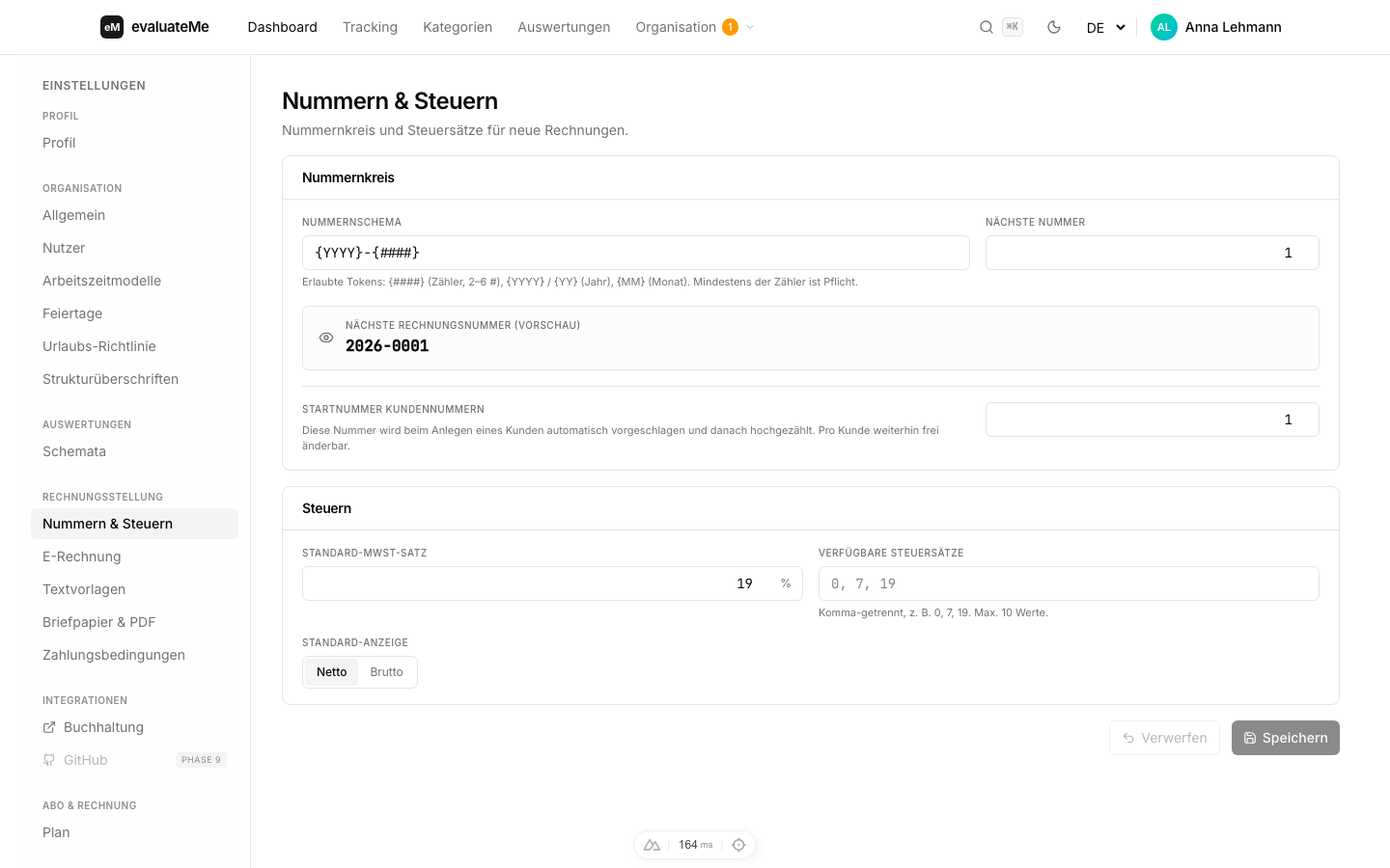 Nummern und Steuersätze konfigurieren