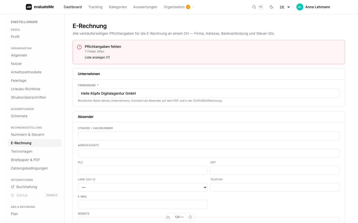 E-Rechnungs-Stammdaten mit Pflichtangaben-Warning