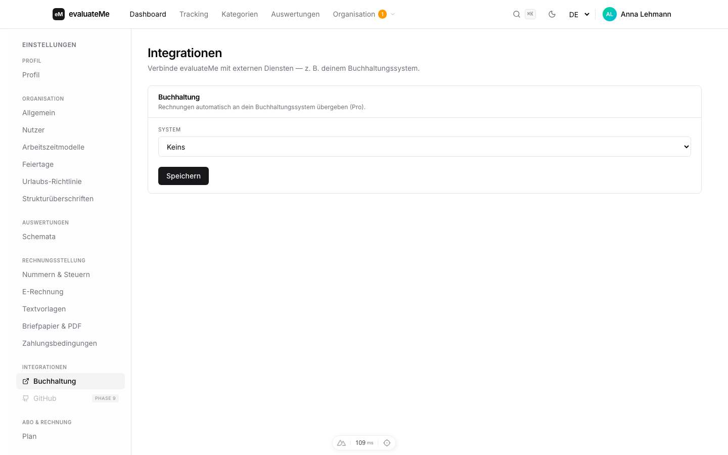 Integrationen-Seite mit Buchhaltungs-System-Auswahl
