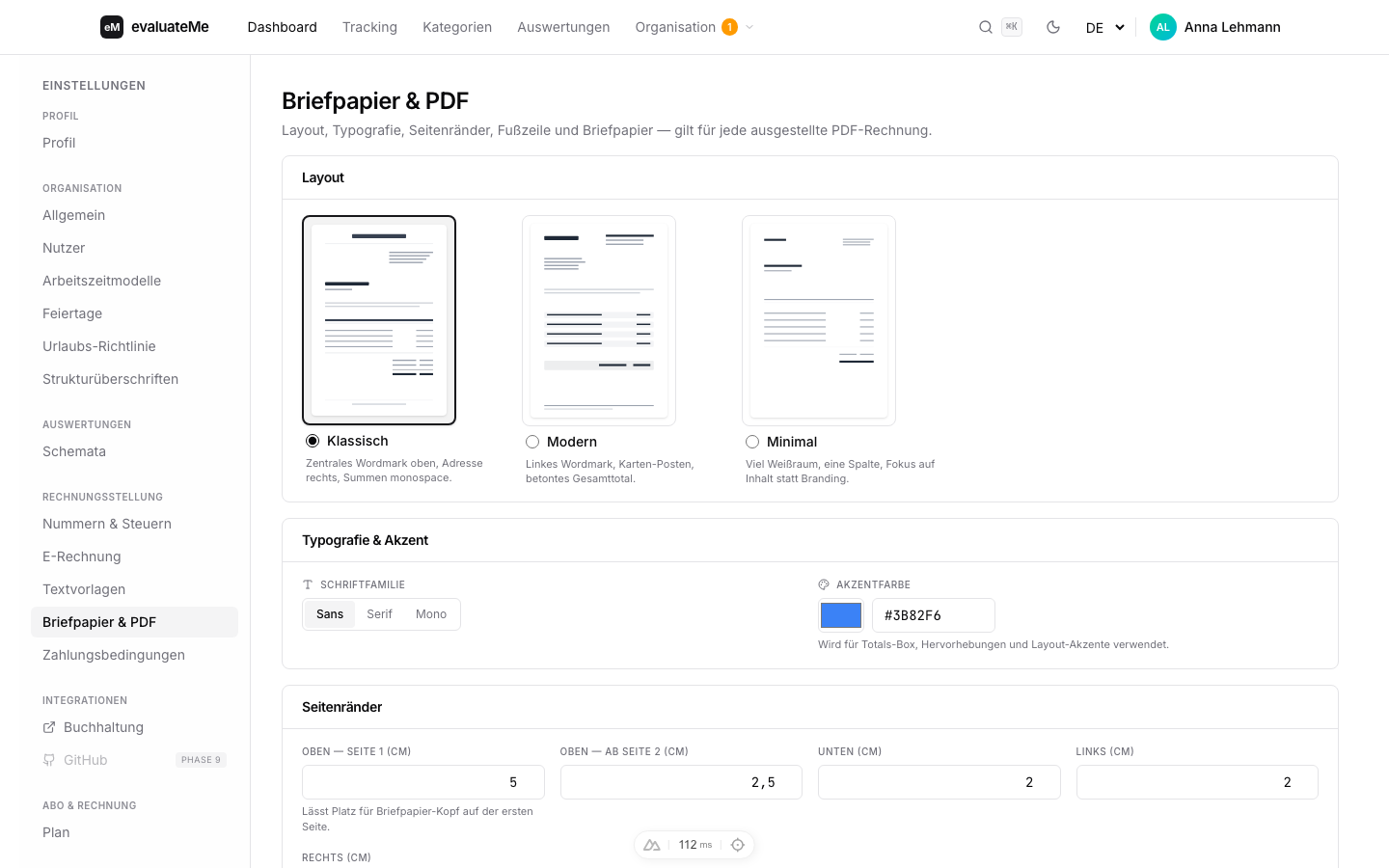Briefpapier-Konfiguration mit drei Layout-Vorlagen