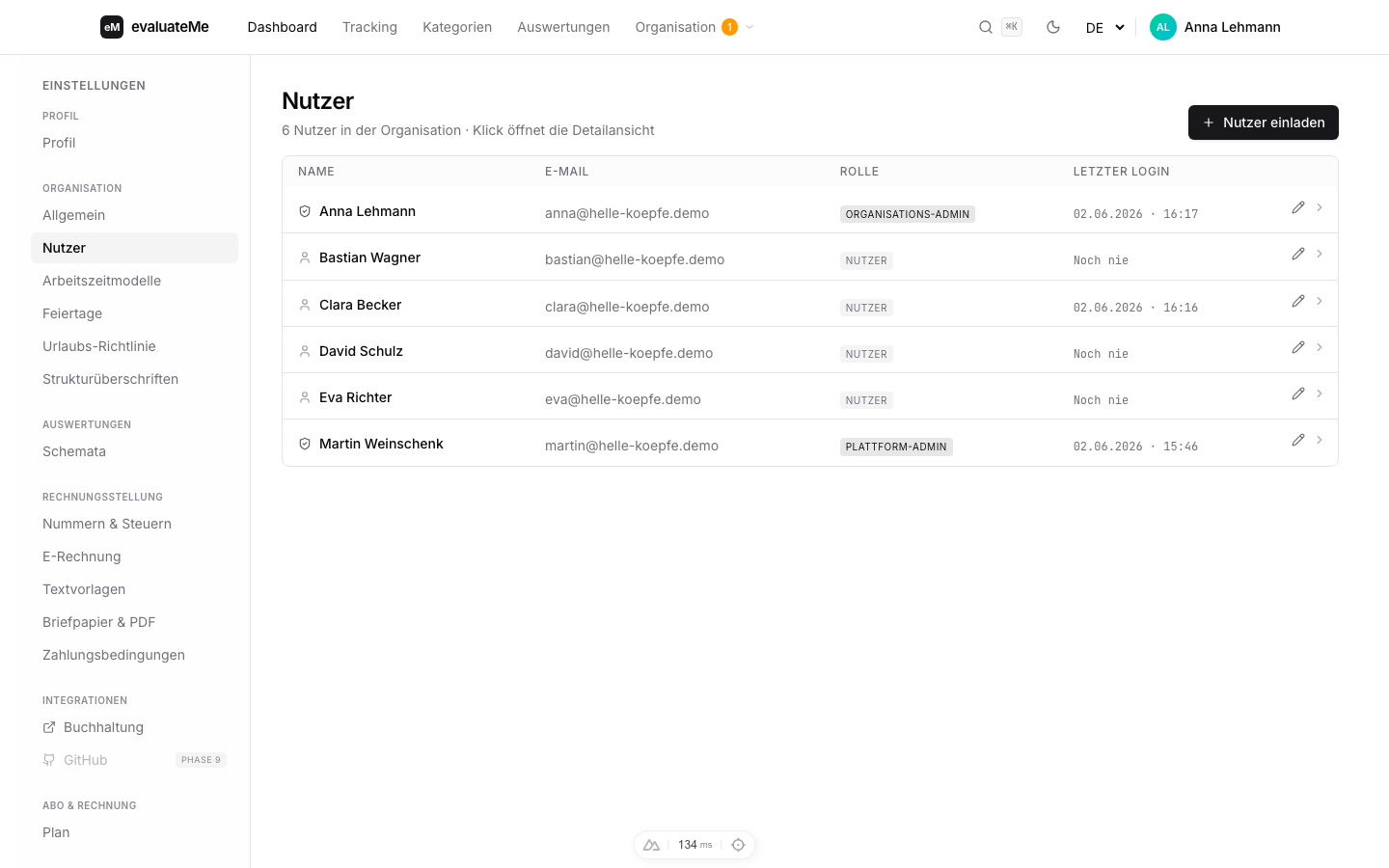 Einstellungen → Nutzer in der Helle Köpfe Digitalagentur