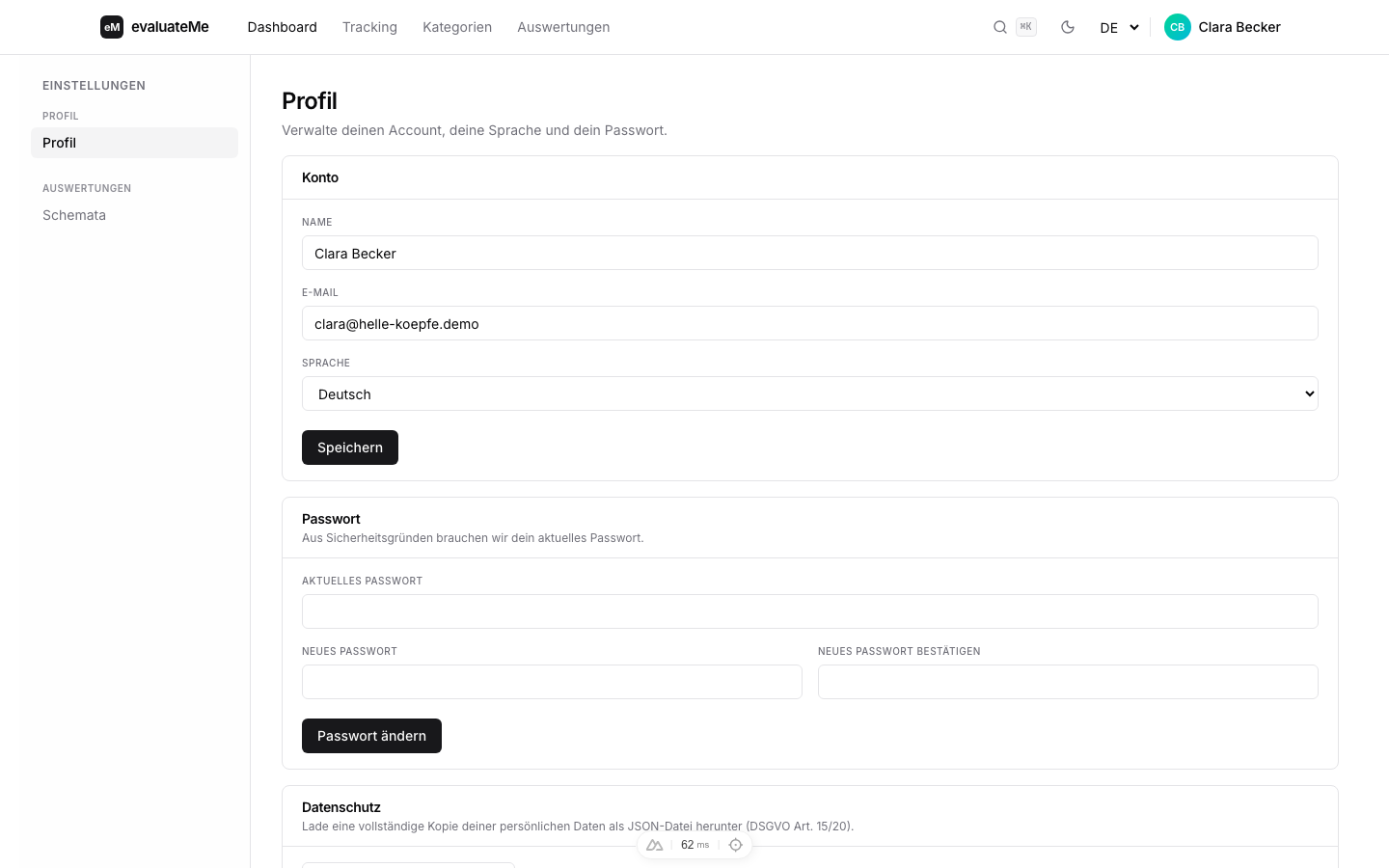 Profil-Einstellungen: Name, E-Mail, Sprache, Passwort, DSGVO-Export