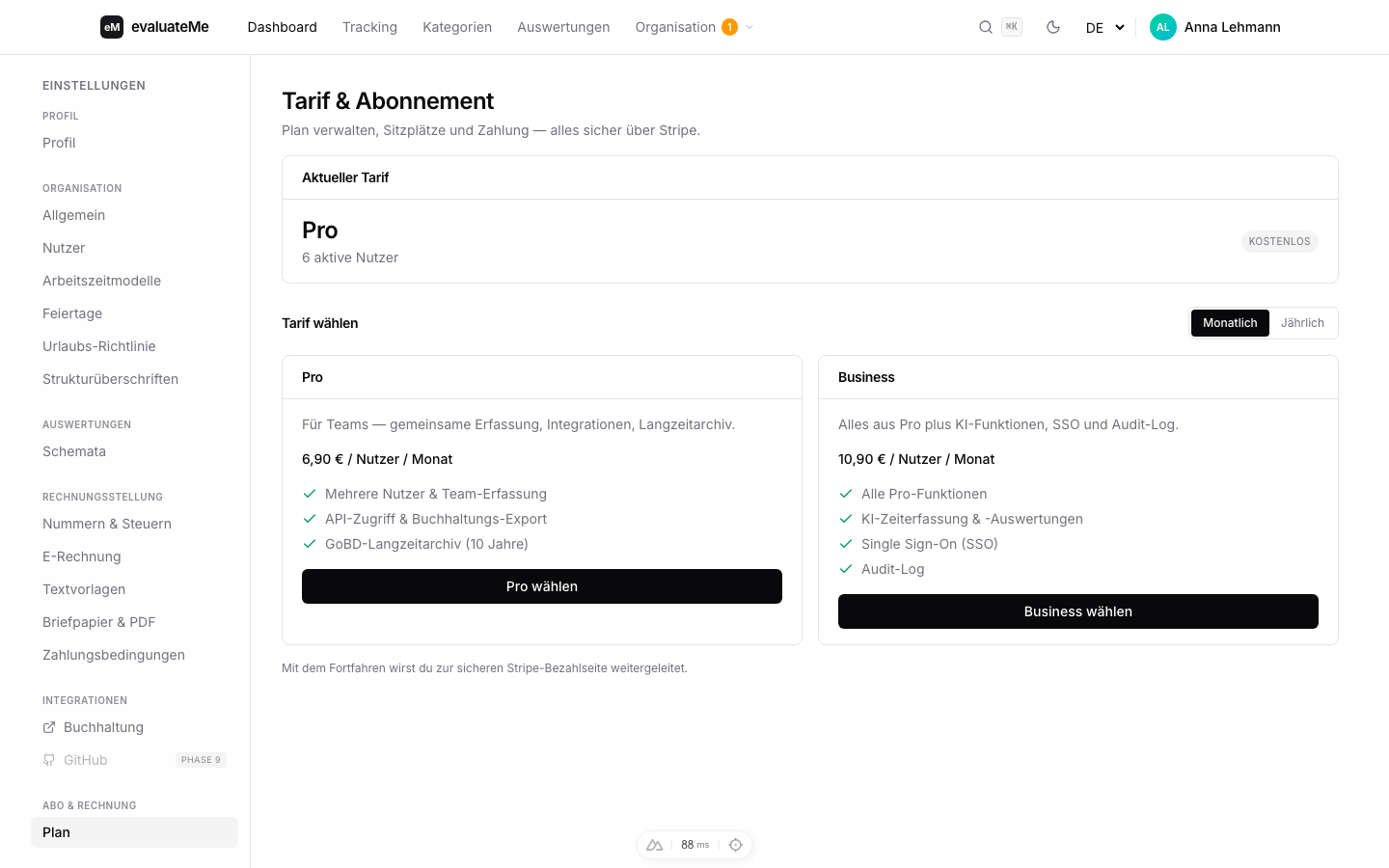 Tarif & Abonnement, aktueller Plan, Auswahl Light / Basic / Business / Enterprise