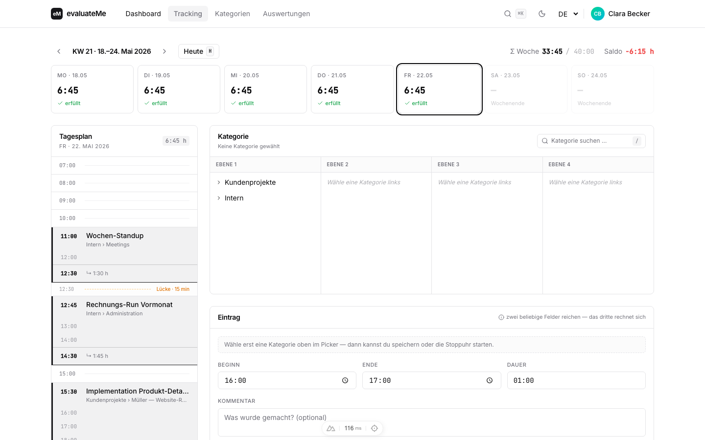 Tracking-Page mit Wochenleiste, Tagesplan, Kategorie-Picker und Eintrags-Form