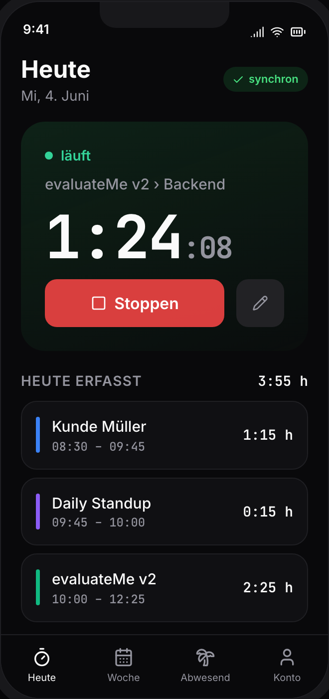 Mobile-App „Heute" mit laufender Stoppuhr